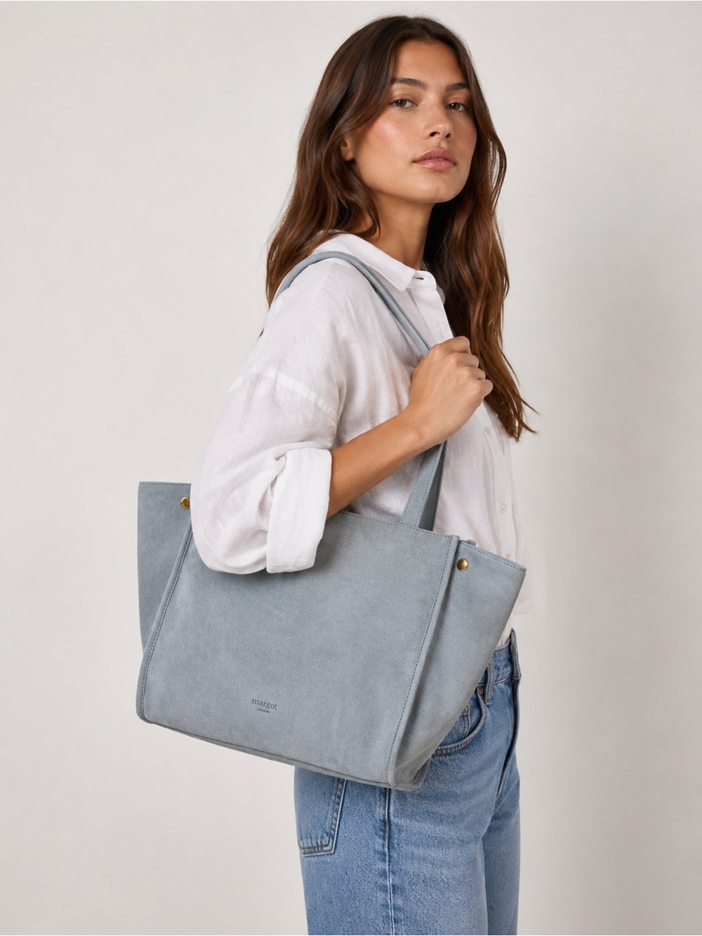 Margot New York viral Jamee double handle suede shoulder bag tote Light Blue